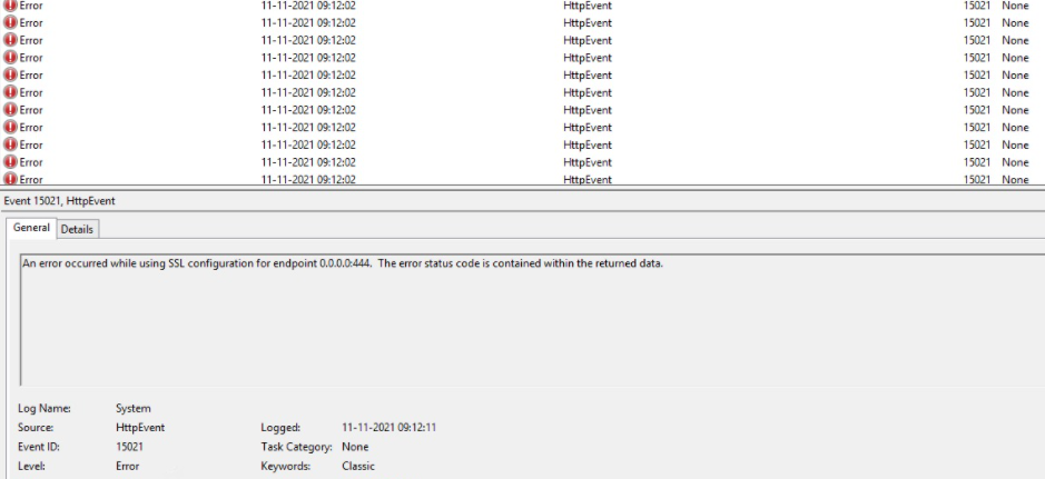 Exchange Nov21SU KB5007409
Event 15021, HttpEvent
An error occurred while using SSL configuration for endpoint 0.0.0.0:444
