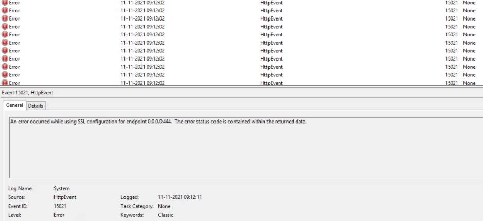 Exchange Nov21SU KB5007409 
Event 15021, HttpEvent
An error occurred while using SSL configuration for endpoint 0.0.0.0:444